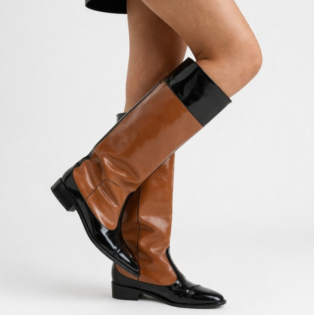 Derek Lam Italy Two Tone Patent Leather Knee High Boots Black Brown Pointed Toe - Picture 8 of 9